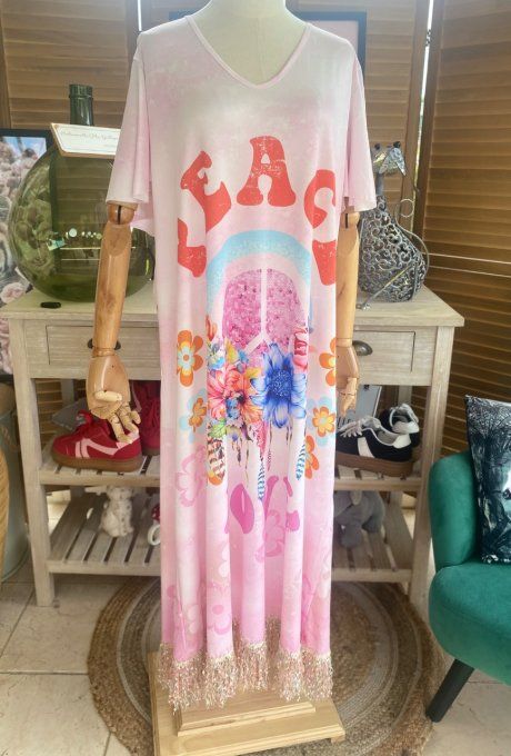 Robe longue satinée mat rose poudré Peace & Love Hippie Flowers du 38 au 48/50