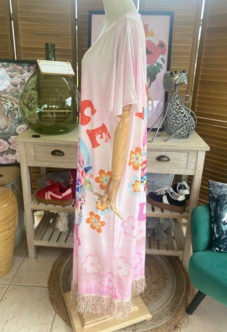 Robe longue satinée mat rose poudré Peace & Love Hippie Flowers du 38 au 48/50
