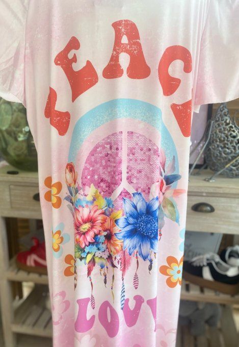 Robe longue satinée mat rose poudré Peace & Love Hippie Flowers du 38 au 48/50