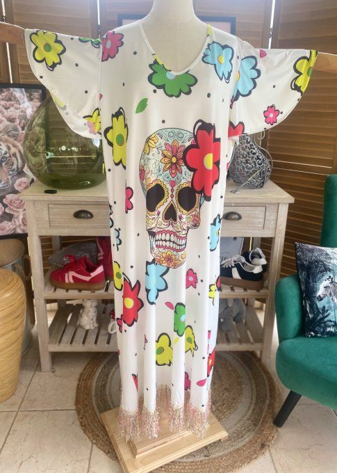 Robe longue satinée mat blanche Mexican Skulls Calaveras franges multicolores du 38 au 48/50