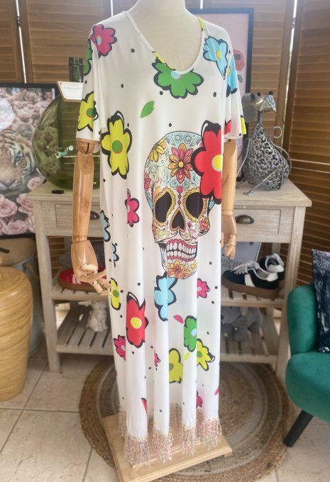 Robe longue satinée mat blanche Mexican Skulls Calaveras franges multicolores du 38 au 48/50