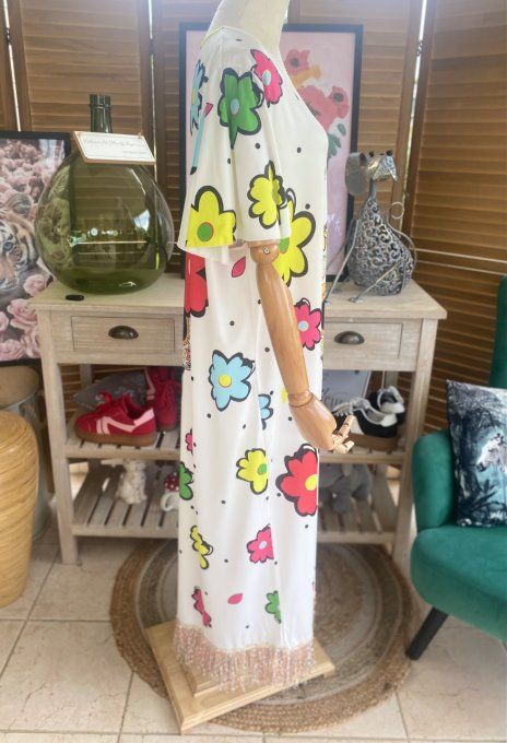 Robe longue satinée mat blanche Mexican Skulls Calaveras franges multicolores du 38 au 48/50