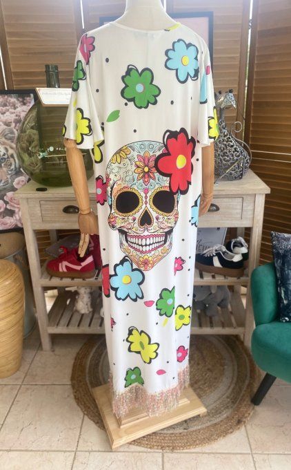 Robe longue satinée mat blanche Mexican Skulls Calaveras franges multicolores du 38 au 48/50