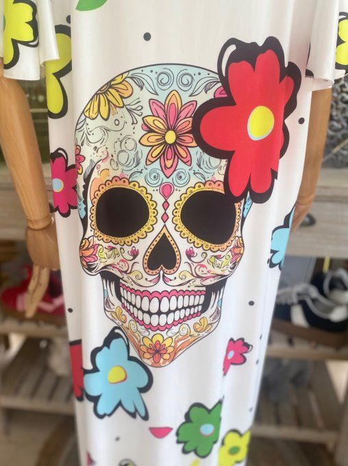 Robe longue satinée mat blanche Mexican Skulls Calaveras franges multicolores du 38 au 48/50