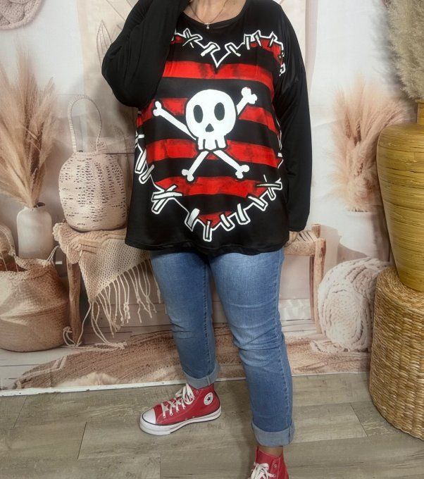 Top ample noir manches longues Coeur rayé rouge Skulls Calavera du 40 au 52/54