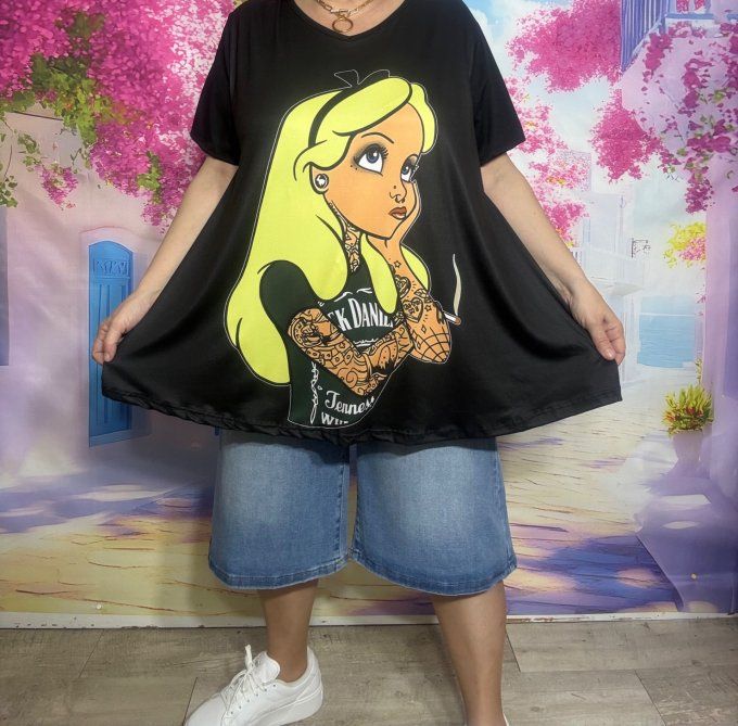 Tee-shirt trapèze noir manches courtes Col V Tattoo Alice au Pays des Merveilles du 40 au 54 