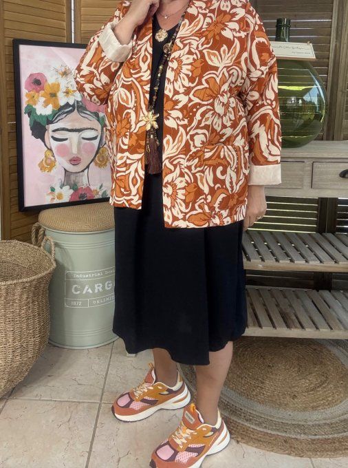 Veste matelassée coton orangé Fleurs exotiques du 38 au 48 et même +