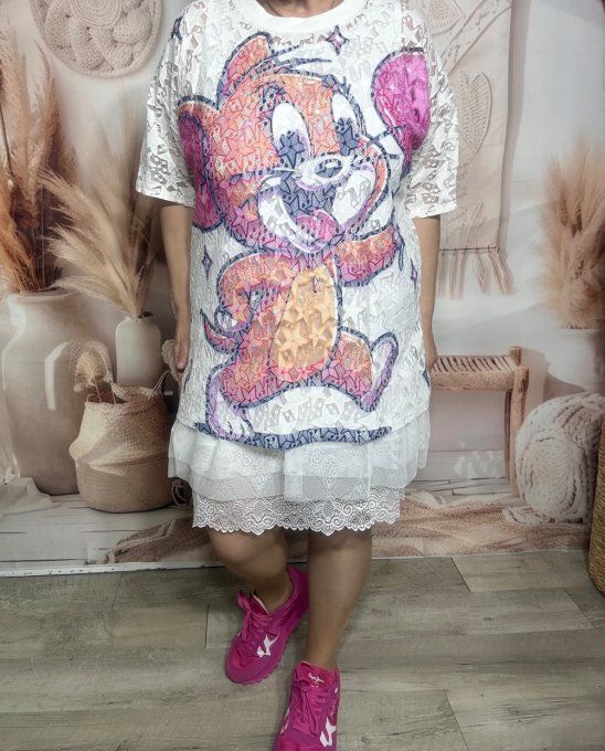 Top ample dentelle blanche Jerry La Souris du 34 au 46/48