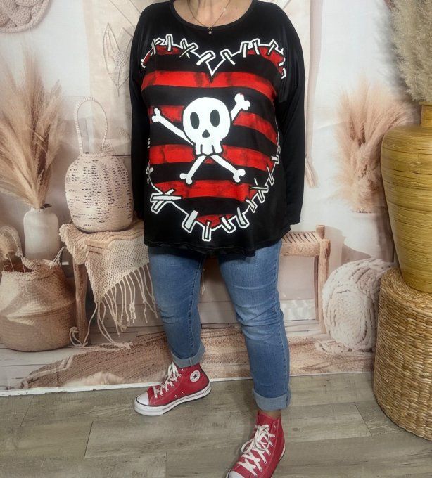 Top ample noir manches longues Coeur rayé rouge Skulls Calavera du 40 au 52/54
