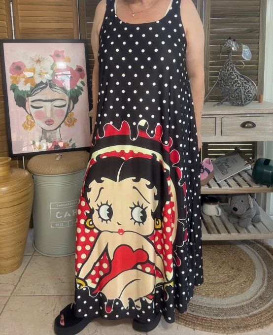 Robe trapèze longue à bretelles noire Betty boop du 40 au au 50/52