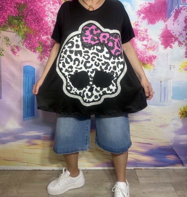 Tee-shirt trapèze noir manches courtes Col V Léopard Calavera du 40 au 54 