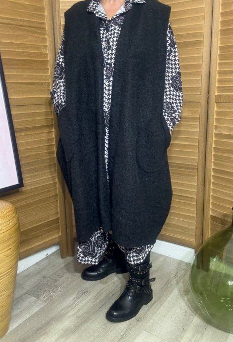 gilet long sans manches ample bouclette noir du 40 au 52 