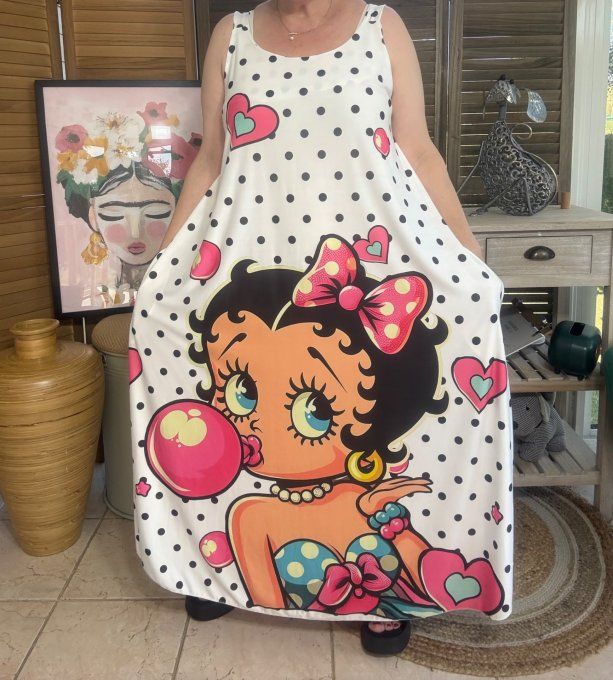 Robe trapèze longue à bretelles blanche Betty boop bubble du 40 au au 50/52