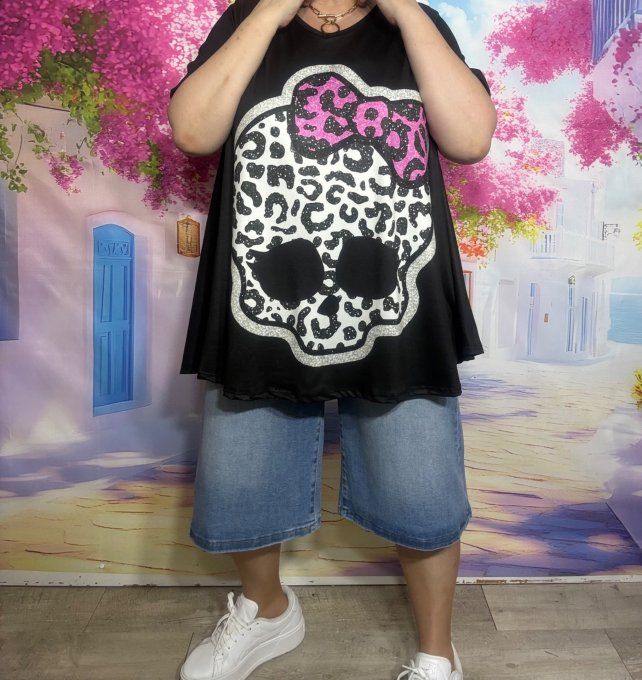 Tee-shirt trapèze noir manches courtes Col V Léopard Calavera du 40 au 54 