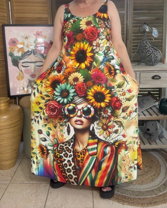Robe trapèze longue à bretelles multicolore The Hippie Girl du 40 au au 50/52