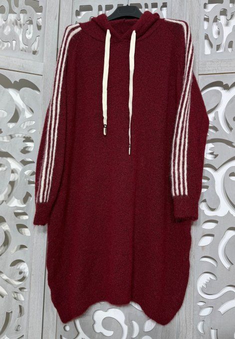 Robe maille à capuche oversize Bordeaux Sportswear Bandes écrues Douceur +++ du 44 au 54/56