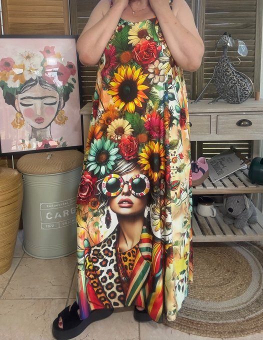 Robe trapèze longue à bretelles multicolore The Hippie Girl du 40 au au 50/52