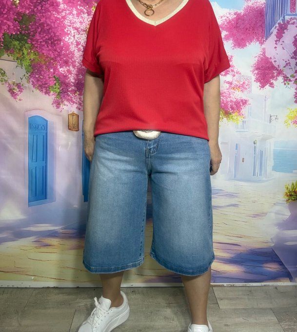 Top texturé fines rayures rouges Lycra et lurex doré or du 34 au 44