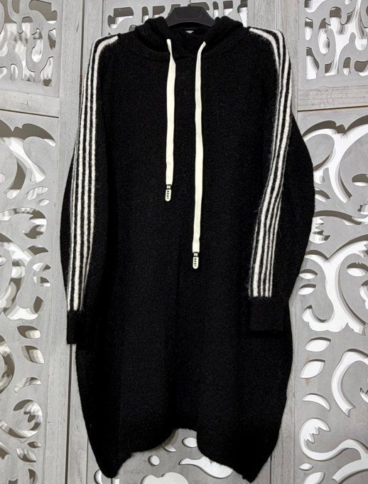 Robe maille à capuche oversize noire Sportswear Bandes écrues Douceur +++ du 44 au 54/56