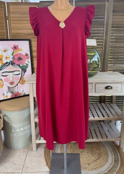 Robe trapèze Bordeaux épaules volantées & broche dorée or du 40 au 52