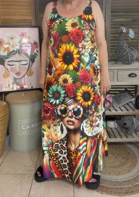 Robe trapèze longue à bretelles multicolore The Hippie Girl du 40 au au 50/52