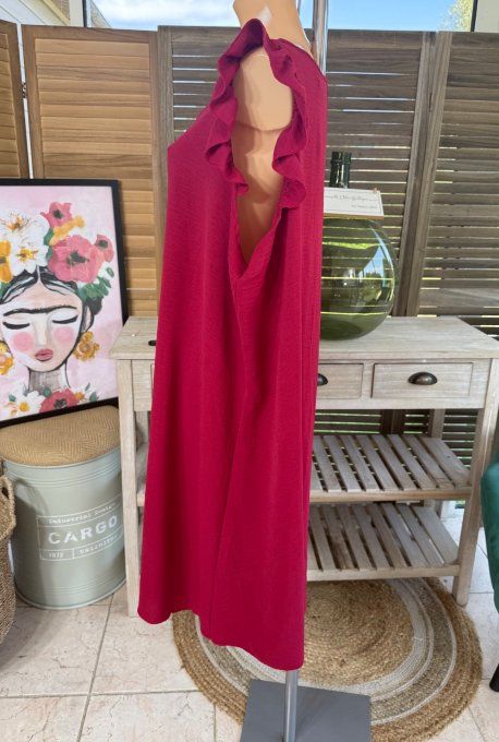 Robe trapèze Bordeaux épaules volantées & broche dorée or du 40 au 52