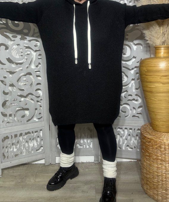 Robe maille à capuche oversize noire Sportswear Bandes écrues Douceur +++ du 44 au 54/56