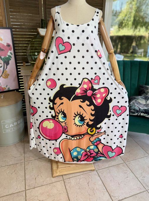 Robe trapèze longue à bretelles blanche Betty boop bubble du 40 au au 50/52