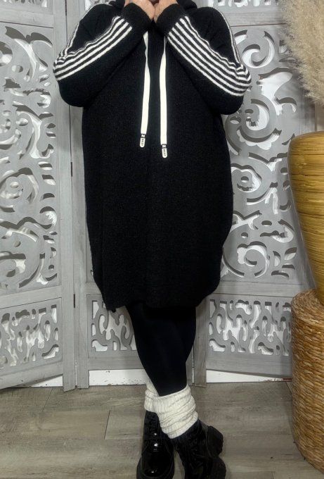 Robe maille à capuche oversize noire Sportswear Bandes écrues Douceur +++ du 44 au 54/56