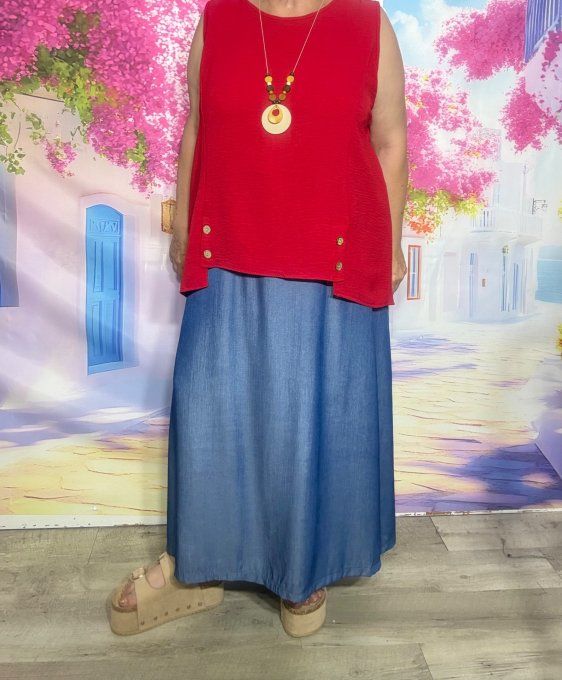 Blouse sans manches asymétrique rouge boutons bois + collier offert du 38 au 48 
