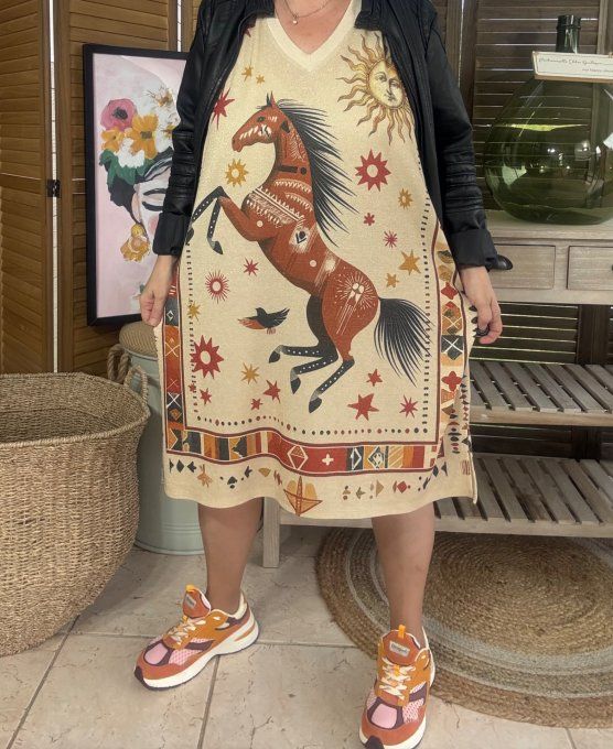 Robe mi-longue lurex beige pailleté doré Le Cheval et le Soleil du 40 au 50