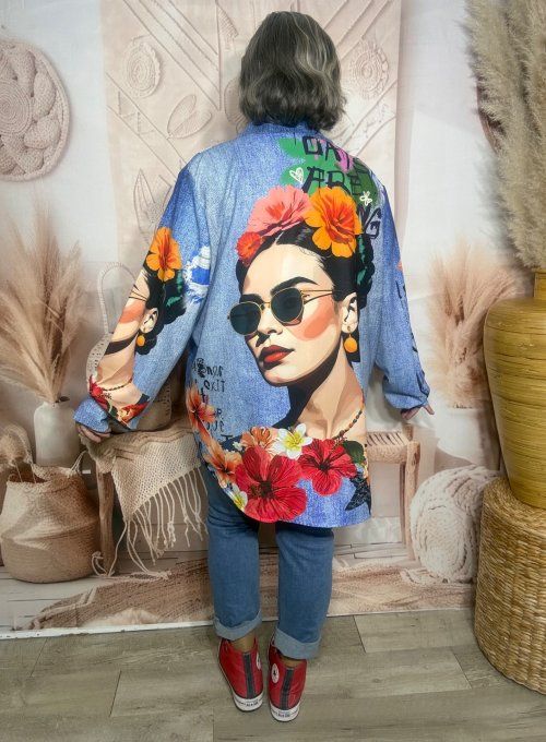 Chemise longue ample effet jeans délavé portraits de Frida Kahlo du 38 au 48