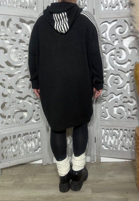 Robe maille à capuche oversize noire Sportswear Bandes écrues Douceur +++ du 44 au 54/56