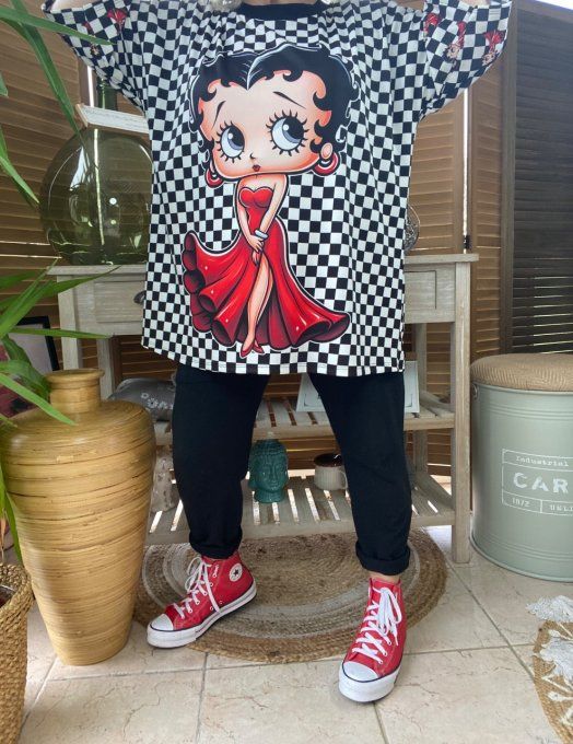 Top trapèze damier noir & blanc Betty Boop Pin up Rétro Chic du 42 au 50/52