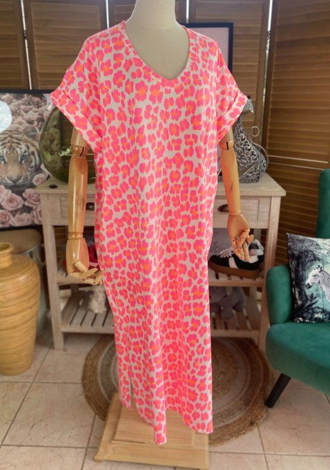 Robe longue ample manches courtes Léopard rose fluo + orange fluo du 40 au 50