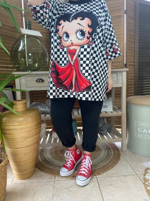Top trapèze damier noir & blanc Betty Boop Pin up Rétro Chic du 42 au 50/52