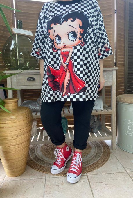Top trapèze damier noir & blanc Betty Boop Pin up Rétro Chic du 42 au 50/52