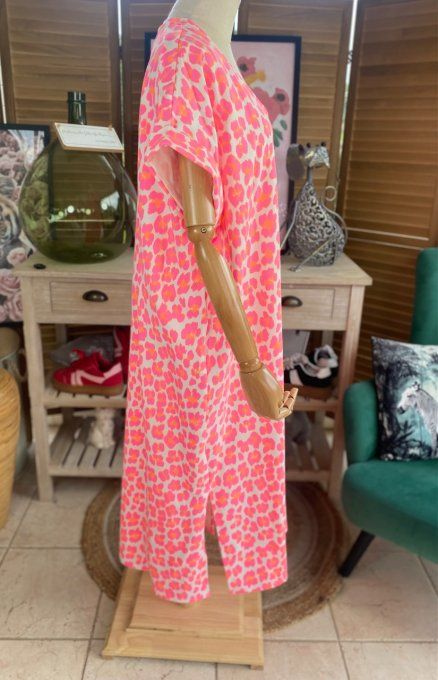 Robe longue ample manches courtes Léopard rose fluo + orange fluo du 40 au 50