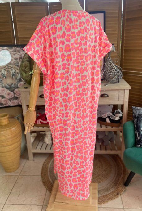 Robe longue ample manches courtes Léopard rose fluo + orange fluo du 40 au 50