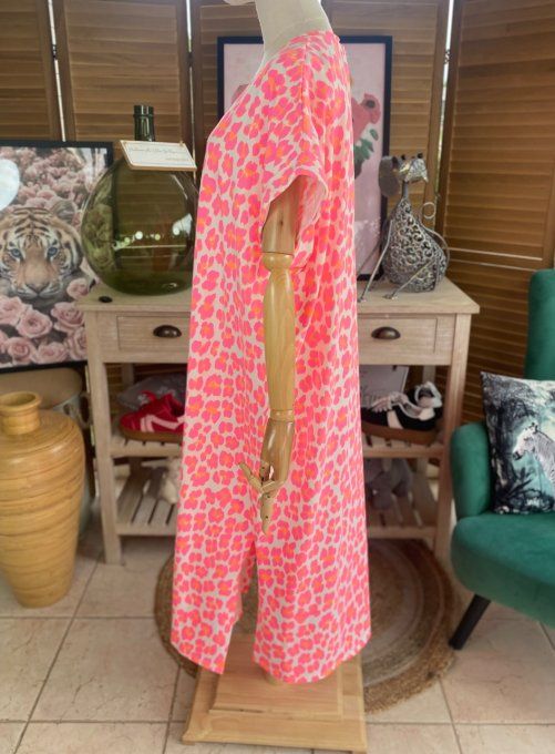 Robe longue ample manches courtes Léopard rose fluo + orange fluo du 40 au 50