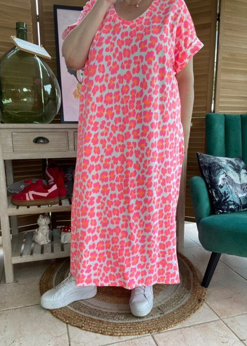 Robe longue ample manches courtes Léopard rose fluo + orange fluo du 40 au 50