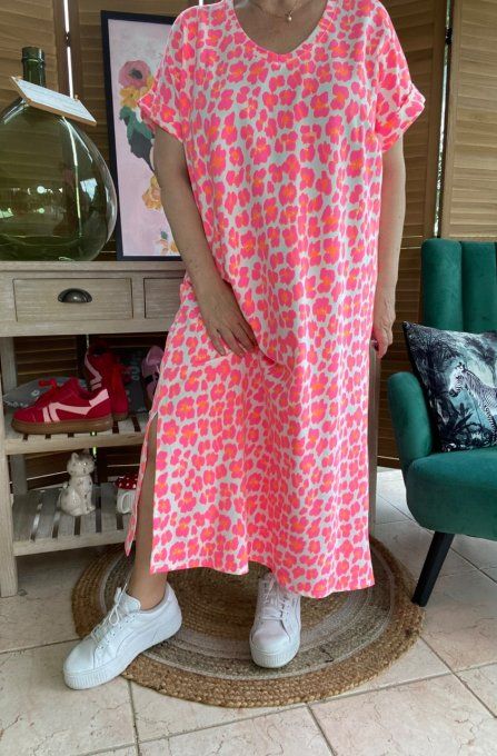 Robe longue ample manches courtes Léopard rose fluo + orange fluo du 40 au 50