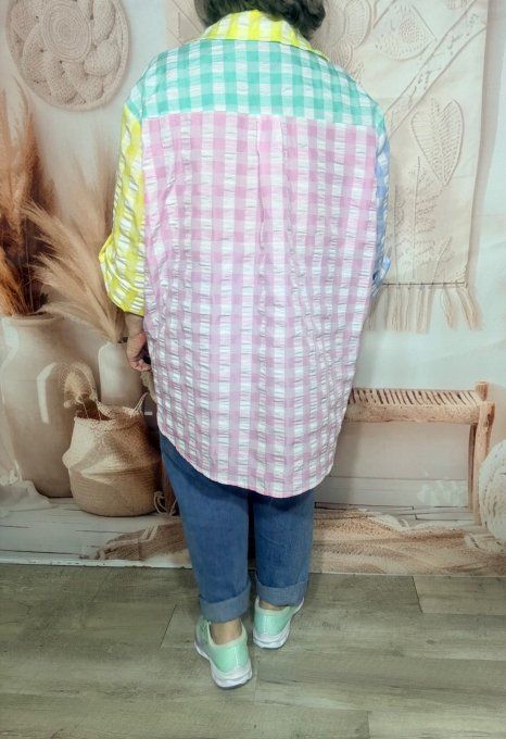 Chemise oversize asymétrique Carreaux Vichy pastel col jaune pastel du 40 au 52 