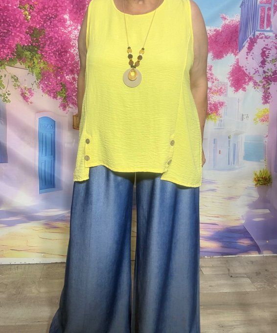 Blouse sans manches asymétrique jaune boutons bois + collier offert du 38 au 48