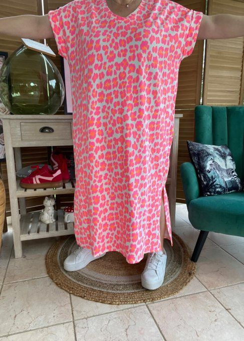 Robe longue ample manches courtes Léopard rose fluo + orange fluo du 40 au 50