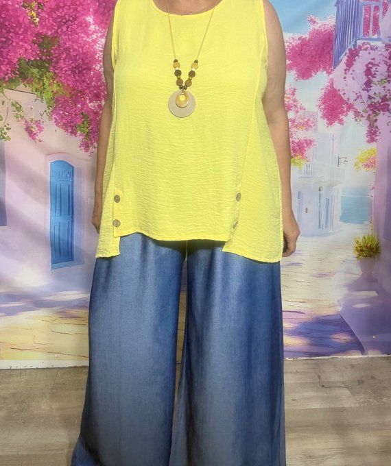 Blouse sans manches asymétrique jaune boutons bois + collier offert du 38 au 48
