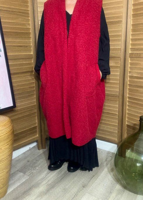 gilet long sans manches ample bouclette rouge du 40 au 52