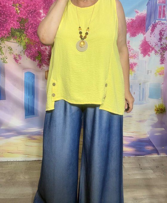 Blouse sans manches asymétrique jaune boutons bois + collier offert du 38 au 48