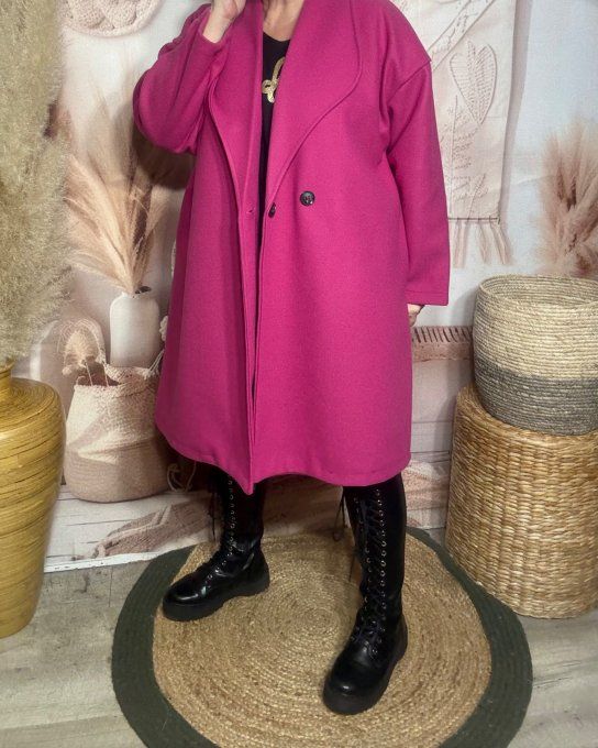 Manteau mi-long oversize polaire Rose Fuschia réglable 2 boutons douceur +++ du 40 au 50 et même +