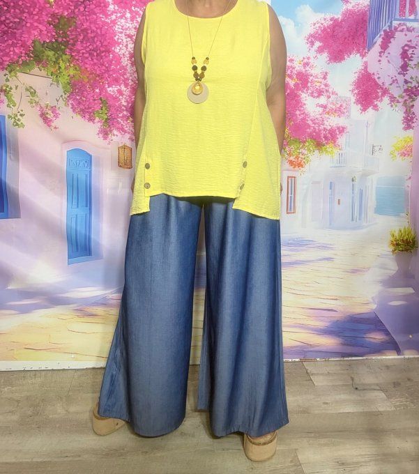 Pantalon Palazzo cuisses larges jeans fin Tencel stone foncé taille élastiquée du 42 au 52